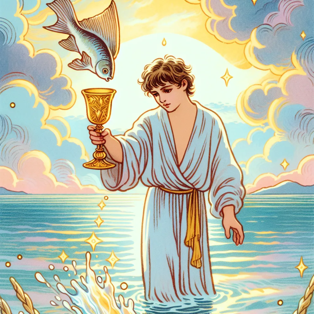 Create an artistic and whimsical illustration of the Page of Cups tarot card. Depict a youthful, androgynous figure standing at the edge of a serene ocean. They are holding a golden goblet from which emerges a small fish, symbolizing unexpected inspiration. The background features a gentle sea and an expansive sky, capturing a sense of wonder and possibility. The figure is surrounded by soft colors and a dreamy, ethereal atmosphere, highlighting a moment of introspection and creativity.