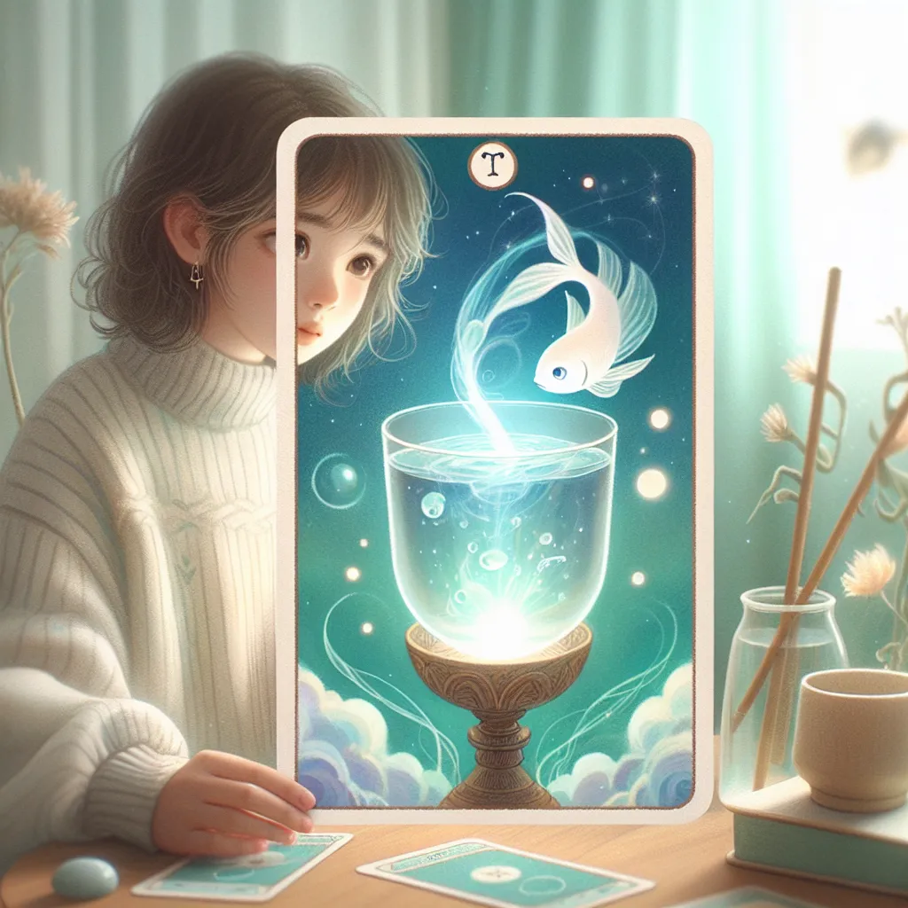 Create a digital illustration depicting the Page of Cups tarot card. Show a youthful, curious figure—a young person with an open expression, gazing at a magical cup with a fish playfully emerging from it. The scene is set against a serene, dreamy background that suggests possibilities and new beginnings, perhaps incorporating soft blues and greens to evoke a calm yet inspiring atmosphere. Include subtle mystical elements that hint at the plantiveness and intuition associated with the card, such as gentle waves or floating orbs of light.