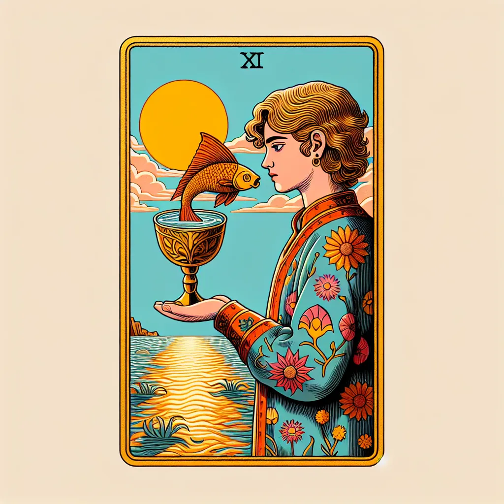 Create an image of the Page of Cups from the tarot deck. The illustration shows a young person standing near a serene body of water, gazing into a golden cup held in their hand. A fish playfully emerges from the cup, symbolizing unexpected creativity and intuition. The figure wears a colorful tunic adorned with floral patterns, and the setting sun casts a warm glow across the scene. The background includes gentle waves and a clear sky, reflecting an atmosphere of whimsy and potential. The style is detailed and vibrant, reminiscent of classic tarot card illustrations.