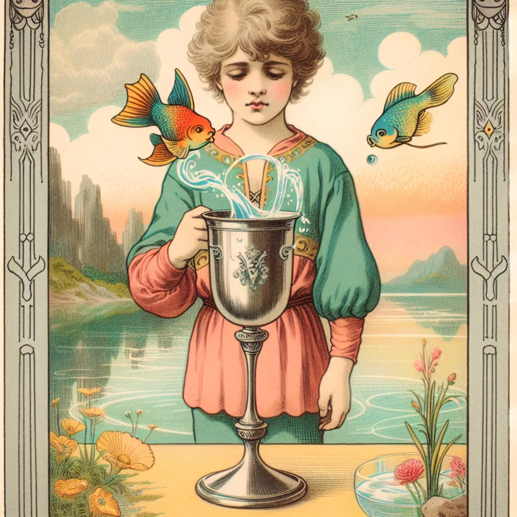 Create a detailed illustration of the Page of Cups tarot card. Depict a youthful figure standing by a serene body of water, gazing down at a silver chalice. A small fish playfully pops out of the cup, symbolizing surprise and creativity. The figure has a whimsical expression and wears a colorful garment to accentuate playfulness and imagination. The background includes soft, pastel colors, embodying an aura of dreamy introspection and emotional exploration. Include subtle nods to traditional tarot card imagery to capture the card's mystique.