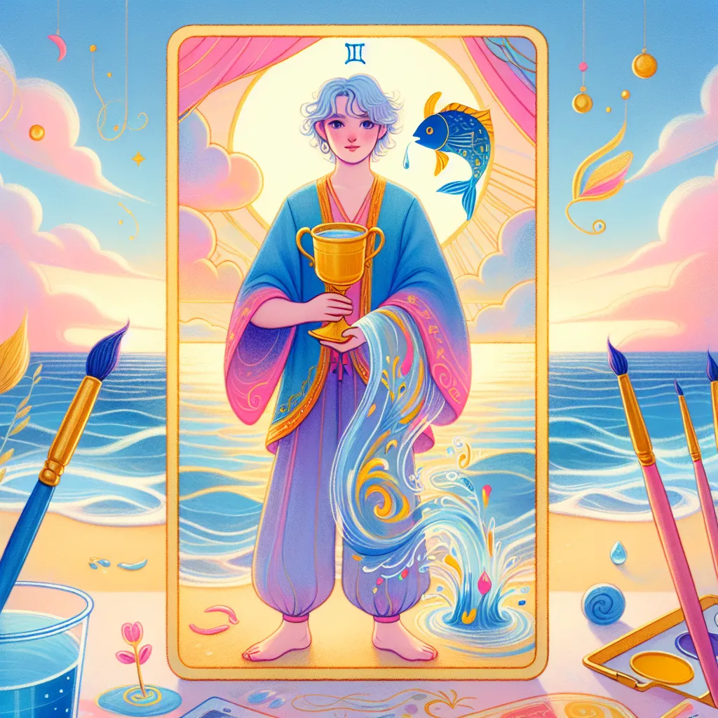 Create a vibrant and whimsical illustration of the Page of Cups tarot card. Depict a youthful figure standing by a serene beach, holding a golden cup with a tiny fish playfully emerging from it. The figure is dressed in colorful, dreamlike attire, exuding an aura of creativity and imagination. Surround the scene with gentle waves and soft skies, symbolizing emotional depth and intuition. Include elements of artistic inspiration, such as paintbrushes or floating musical notes, to convey a sense of new beginnings and artistic exploration.