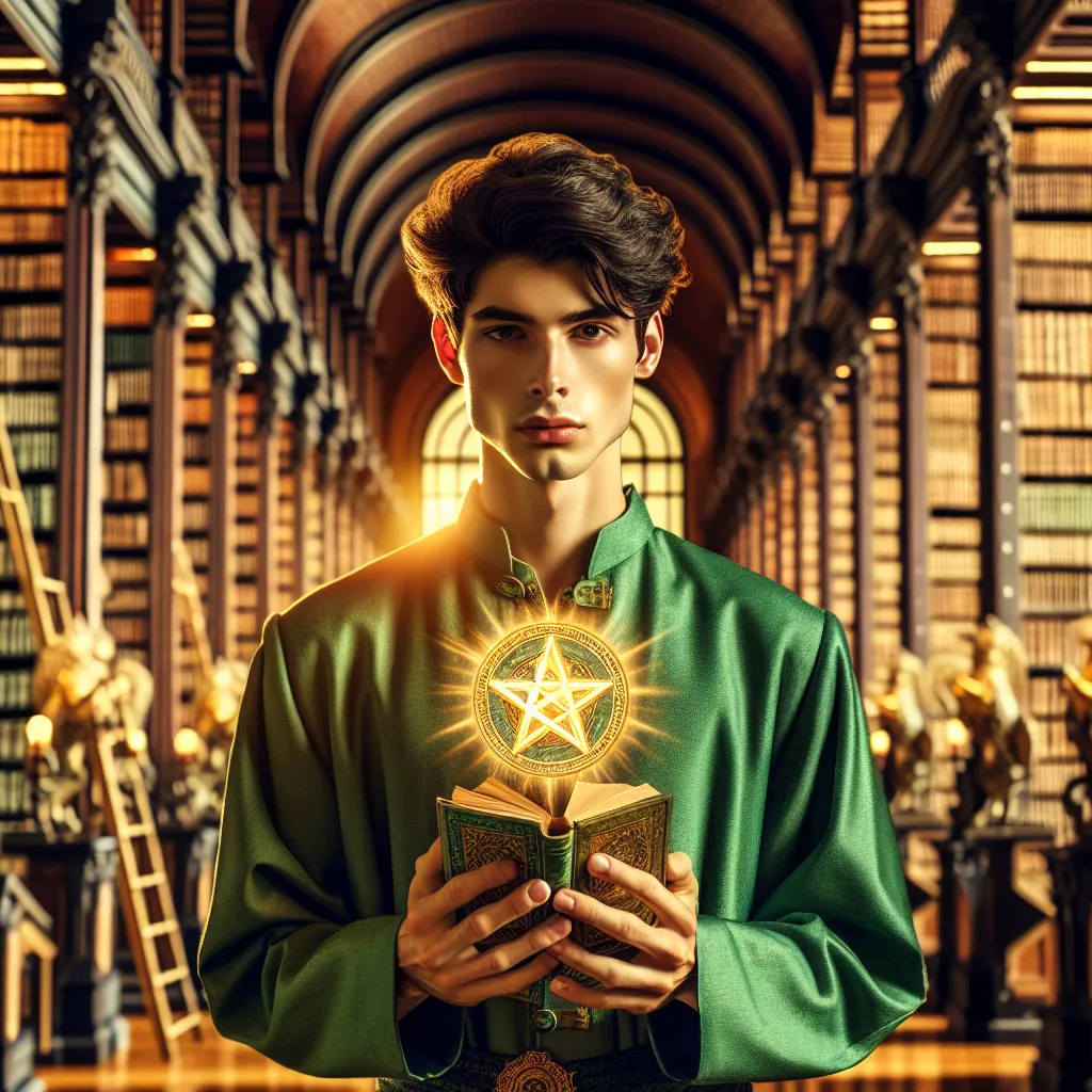 Generate an image of a young, eager South Asian male scholar in a green tunic, standing at the entrance of an imposing library. In his hands, he is holding a bright, golden pentacle, symbolizing opportunities and the start of material pursuits. The background is filled with towering shelves of ancient books, symbolizing the vast wealth of knowledge waiting to be discovered.