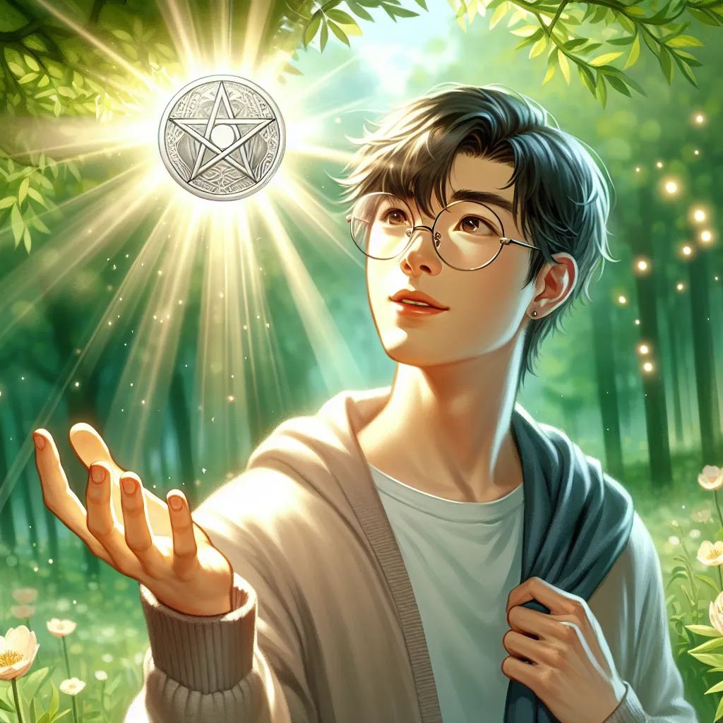 Create an image of an Asian young man, brimming with aspiration and hope, looking with deep curiosity at a glowing pentacle hovering just above his outreached hand. The scenario is set in a lush green springtime environment, mirroring the Page of Pentacles' symbolic representation of fresh starts and untapped potential.