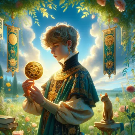 Create an enchanting and imaginative scene of the Page of Pentacles from the tarot. The young figure is standing in a lush green field under a clear blue sky, examining a golden pentacle held delicately in their hands. The attire is richly detailed, reflecting the medieval-inspired designs of tarot imagery, with vibrant colors and intricate patterns. Surrounding the Page are symbolic elements of growth and opportunity—such as blossoming flowers and small stacks of books—as representations of learning and potential. The overall mood is one of optimism and opportunities yet to come, conveying the themes of curiosity and the start of a new journey, with soft lighting that enhances these elements.