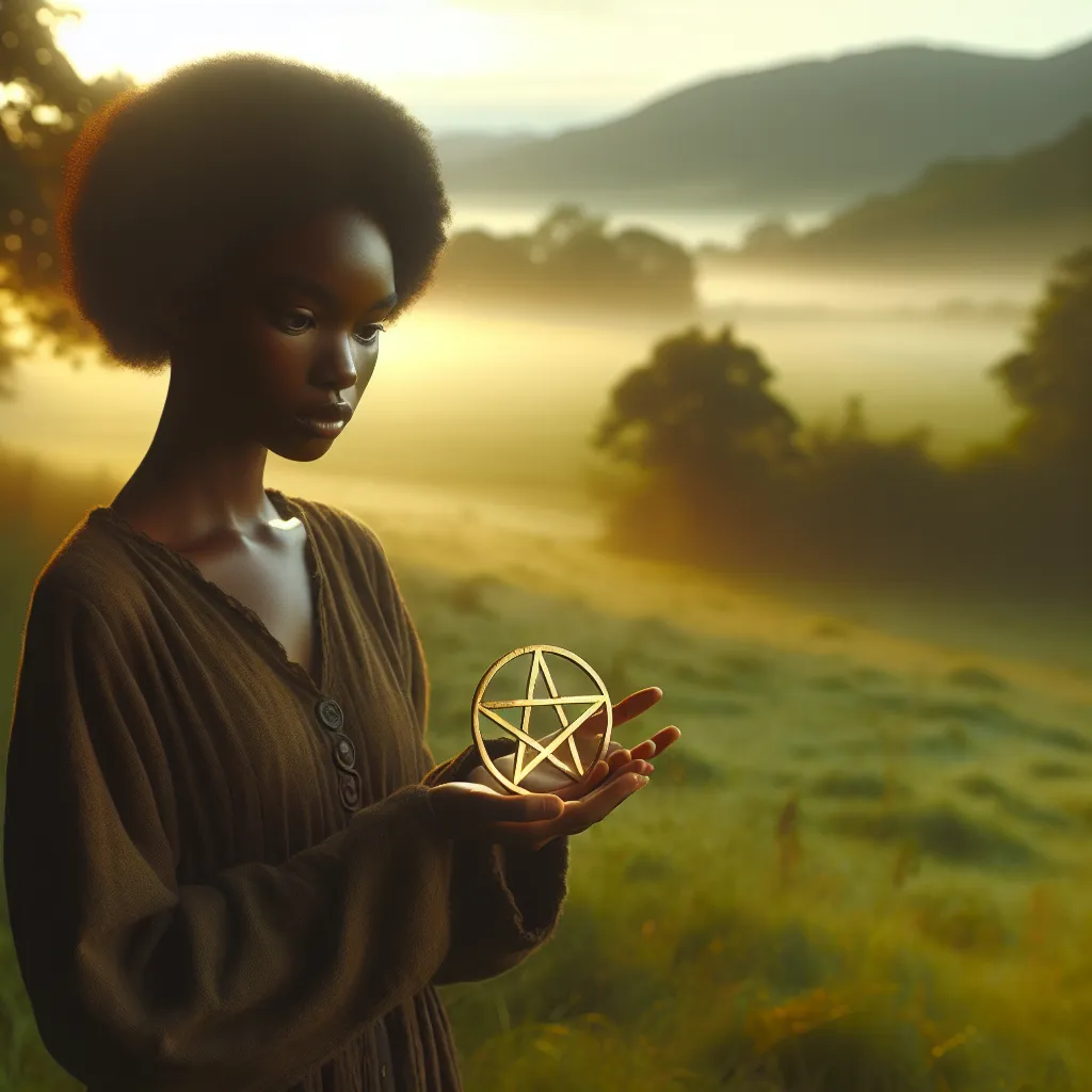 Create an image of a youthful figure standing in a lush green field, gazing intently at a single golden pentacle held in their hands. The figure is of Black descent and identifies as female. She is dressed in earth-toned clothing that reflects a connection to nature and the material world. The scene is bathed in soft morning light, highlighting a sense of potential and curiosity. In the background, distant mountains hint at unexplored possibilities. The overall atmosphere is one of new beginnings and hopeful anticipation, embodying the essence of discovery and learning.