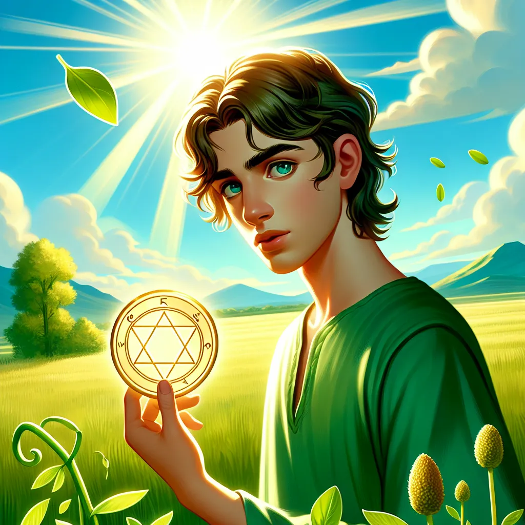 A youthful Middle-Eastern figure stands in a verdant field with a bright sky overhead, holding a golden pentacle with curiosity and focus. The male figure has tousled hair and wears a green tunic, symbolizing growth and new beginnings. Around him, small sprouts and budding flowers hint at potential and opportunity. A distant mountain range signifies the journey of knowledge and ambition. The atmosphere is vibrant and hopeful, filled with the warmth of new possibilities.