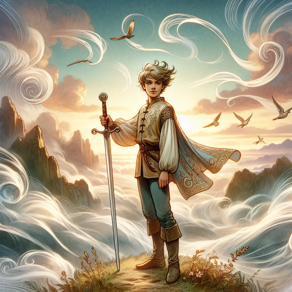 Create a dynamic and mystical image of the Page of Swords tarot card using a fantasy art style. Depict a youthful figure standing confidently on a windswept hilltop, holding a sword upright with an expression of curiosity and determination. The sky is filled with swirling clouds, symbolizing intellectual energy and change. The outfit of the Page is medieval-inspired with intricate designs, and the scene is bathed in the soft light of dawn, highlighting a sense of new beginnings and exploration. Include elements like flying birds or distant mountains to symbolize adventure and the pursuit of knowledge.
