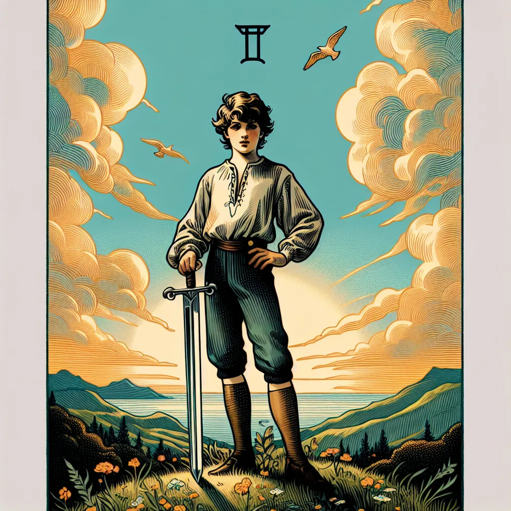 Create a stylized image of the Page of Swords tarot card. Visualize a youthful figure standing on a lush hilltop, holding a solid sword in their hand with a confident gaze. This young figure, characterized by curiosity and the pursuit of knowledge, is dressed in traditional but stylish attire. They are surrounded by a sky filled with moving clouds, indicating freedom and movement. The image overall should emanate a sense of optimism, intelligence, readiness to confront obstacles. Incorporate symbols such as birds soaring in the sky or a banner waving far away that highlight the idea of exploration and open-mindedness.
