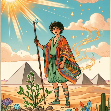 Create an image of the Page of Wands tarot card. Show a youthful figure, holding a wand firmly, standing in a desert landscape with pyramids in the background. The figure should be dressed in vibrant, colorful robes with a look of curiosity and determination. Include elements of nature like small budding plants or sparks of fire to symbolize new beginnings and energy. The sky should be bright and clear, suggesting optimism and potential.