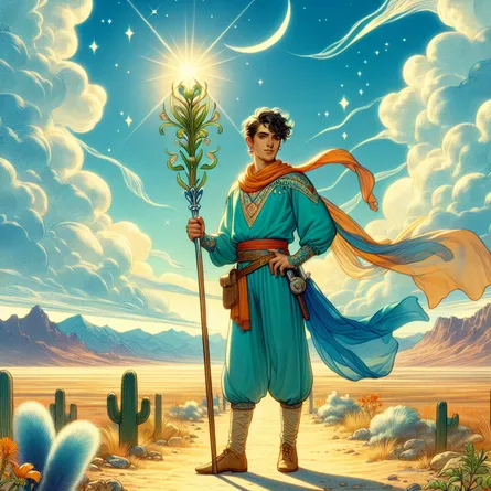 Create a vibrant and mystical image of the Page of Wands tarot card. Illustrate a youthful Middle-Eastern male figure standing confidently in a vast desert landscape, holding a tall, budding staff. The figure should exude energy and curiosity, symbolizing the beginning of an exciting adventure. Include elements of classic tarot imagery such as a clear blue sky, wispy clouds, and a distant mountain range. The figure should be dressed in bright and colorful clothing that reflects a sense of enthusiasm and new beginnings. The atmosphere should be enchanting, conveying hope and the thrill of new possibilities.