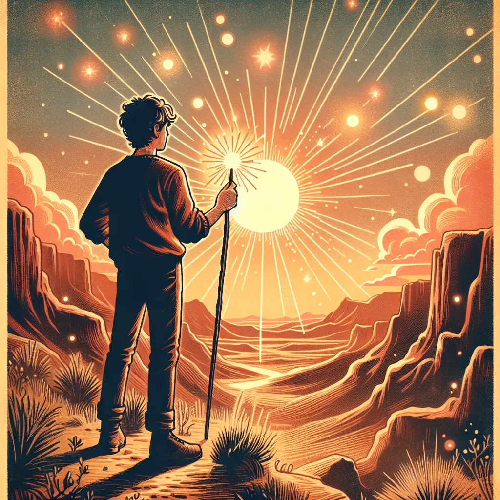 Generate an illustrative image of the Page of Wands tarot card. The scene consists of a lively, young individual standing on the brink of a desert landscape, clutching a wand with eyes filled with curiosity and eager anticipation. As the sun descends in the skyline, it bathes the scenery in a comforting, golden radiance, symbolizing fresh start. Around this individual circulate small explosions of creative energy, indicating untapped potential and undiscovered adventure. Let the entire ambiance suggest a feeling of exploration, optimism, and the endless prospects of the forthcoming journey.