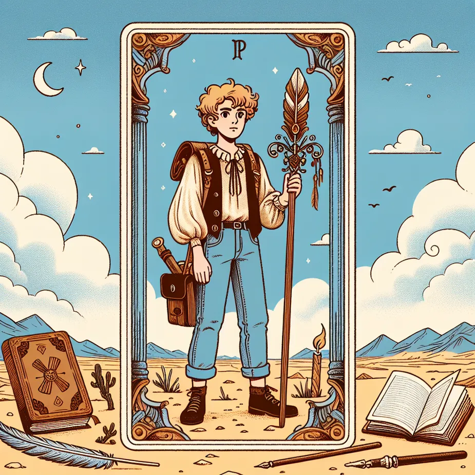 Create an image of the Page of Wands in a tarot card style, featuring a youthful figure standing confidently in a desert landscape. The figure holds a tall, elaborately decorated wand in their hand, gazing at it with a look of curiosity and inspiration. Surround them with symbols of creativity such as a notebook, a quill, and a small flame. In the background, add a clear blue sky with a few billowy clouds and a distant mountain range, conveying a sense of limitless potential and adventure.