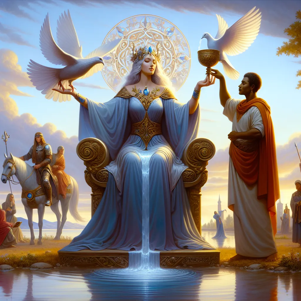 A regal female figure of Caucasian descent, seated on a high throne in a tranquil shoreline setting. She's holding an ornate chalice overflowing with water, her other hand warning a dove. Her aura radiates grace, empathy, and emotional strength. In the distant background, we can see a Middle-eastern man, clad as a traditional knight, on horseback carrying a wand, suggesting an adventurer, and a group of people which include a Black woman, a Hispanic man and a South Asian woman engaging in a lively discussion under five wand-shaped trees, symbolizing negotiation or dispute.
