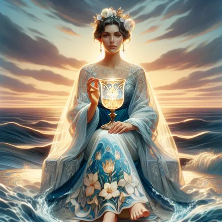 A serene and regal woman seated near a tranquil body of water, symbolizing the Queen of Cups from the tarot. She wears an elegant gown adorned with ocean-themed patterns, holding a beautifully ornate cup in one hand. Her face reflects wisdom and compassion, with an aura of gentle light surrounding her. The background consists of soft waves and a sunset sky, capturing the essence of emotional depth and intuition. The atmosphere is calm and introspective, embodying the qualities of empathy and nurturing.