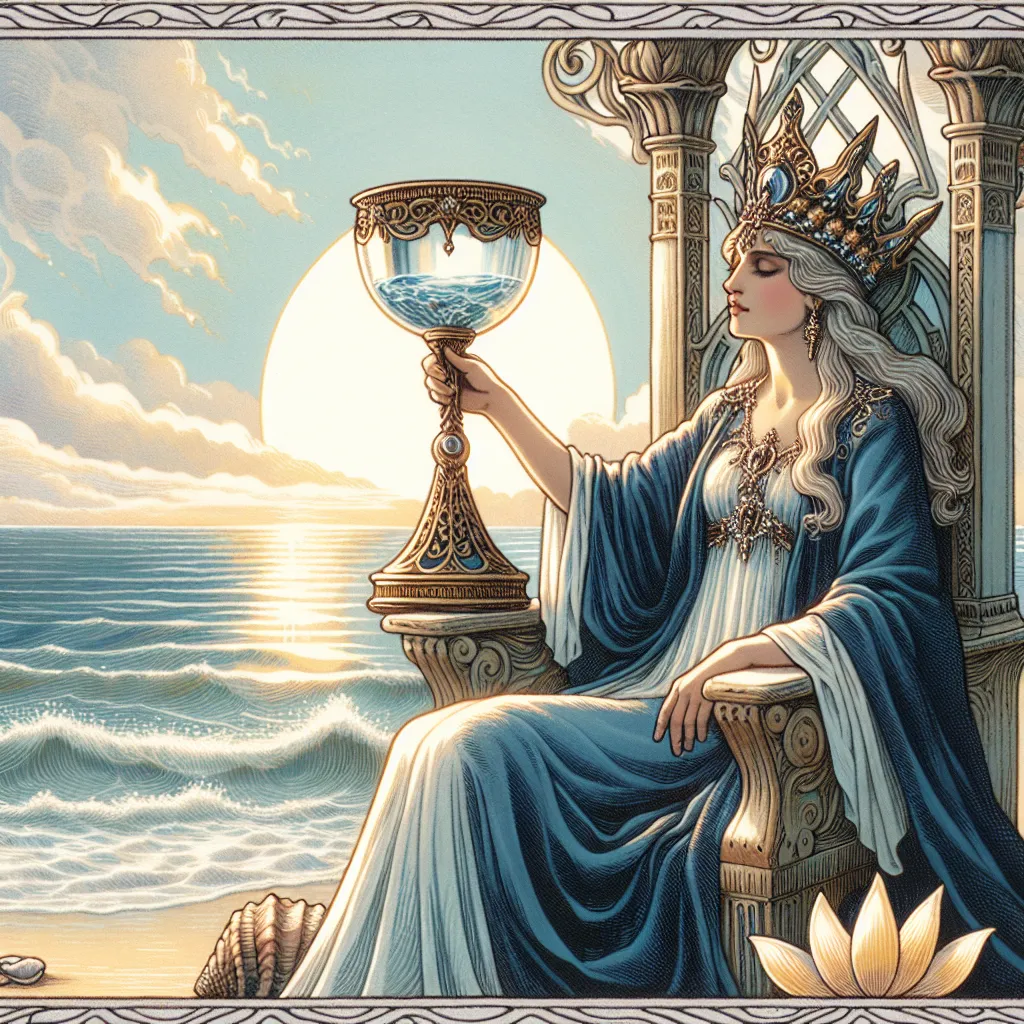 Create an image of the Queen of Cups from traditional tarot, featuring a serene and regal woman seated on a throne by the ocean. She holds an ornate chalice in one hand, gazing into it with a look of deep intuition and calmness. The scene should include gentle waves, a clear blue sky, and warm light casting a peaceful glow. The Queen wears flowing robes of deep blues and silvers, symbolizing her deep emotional connection and intuitive wisdom. Include subtle elements like seashells and lotus flowers near her throne to enhance the nurturing and contemplative atmosphere.