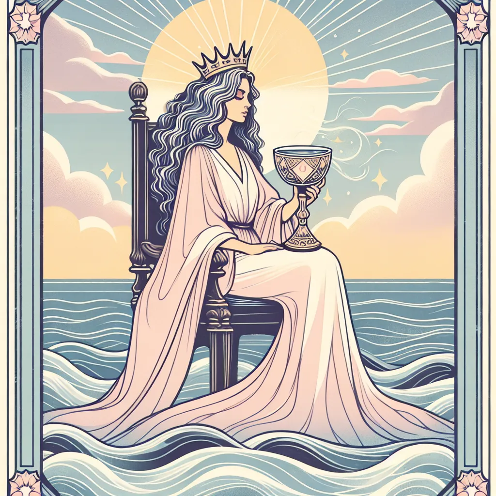 Create an illustration of the Queen of Cups tarot card. Depict a regal woman sitting on a throne at the edge of the sea. She holds a beautifully ornate chalice in her hands. Surround her with calm waters and gentle waves, symbolizing tranquility and intuition. The sky is pastel-hued with a serene, calming ambiance. Emphasize the Queen's nurturing and intuitive aura, capturing a blend of ethereal beauty and emotional depth.