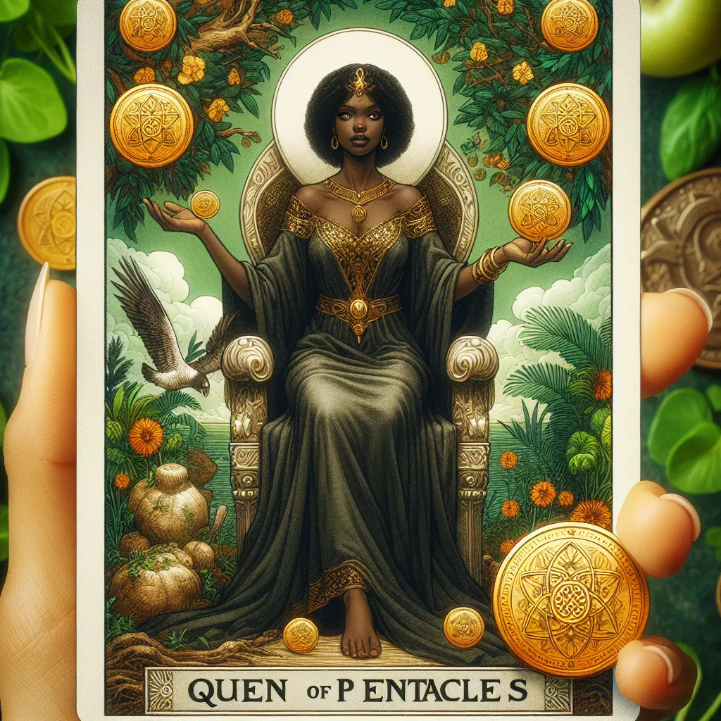 Create an image of a 'Queen of Pentacles' tarot card. Display a woman of Black descent in the seat of a majestic throne situated in a verdant garden filled with rich natural hues. In one hand, she holds a coin inspired by pentacles which symbolizes opulence and plenty, while the other hand is lightly resting upon a clump of soil. Her majesty is subtly combined with a gentle, caring energy. She exudes wisdom and a practical appreciation for the world she cares for. Emphasize a tranquil equilibrium between affluence and the natural world, and the solace it provides her.