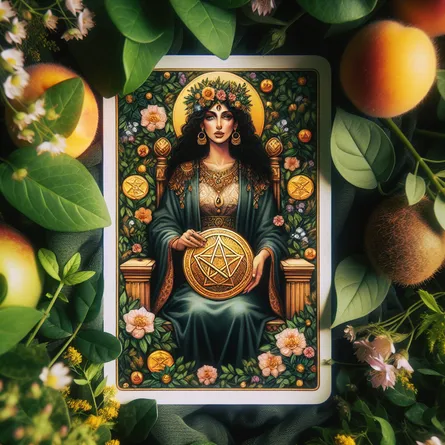 Create a serene and enchanting image of the Queen of Pentacles. She sits regally on a throne amidst lush, abundant greenery. She's a Middle-Eastern woman with an expression is one of nurturing wisdom and compassion, as she gently cradles a golden pentacle in her lap. Surround her with symbols of nature's bounty, such as blooming flowers and ripe fruits, evoking a sense of grounded tranquility and nurturing abundance. Use warm, earthy tones to reflect her connection to the earth.