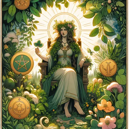 Create a serene and regal scene depicting the Queen of Pentacles. She is a nurturing and grounded figure seated on a throne in a lush, abundant garden. Surrounded by symbols of prosperity and nature—flourishing plants, a pentacle symbol in her hand, and a gentle, protective expression—capture the essence of earthy stability and warmth. Include elements that reflect gentle sunlight filtering through leaves, highlighting her connection to the natural world.