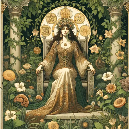 Create an enchanting and detailed illustration of the Queen of Pentacles from a tarot deck. She should be depicted as a regal figure seated on a throne in a lush, verdant garden. Surround her with symbols of abundance, such as blooming flowers and rich vines. In her hands, show her holding a golden coin or pentacle, representing wealth and resourcefulness. Her gown should be adorned with earthy tones, emphasizing her connection to nature. The mood should be warm and nurturing, capturing both the elegance and groundedness of this tarot card.