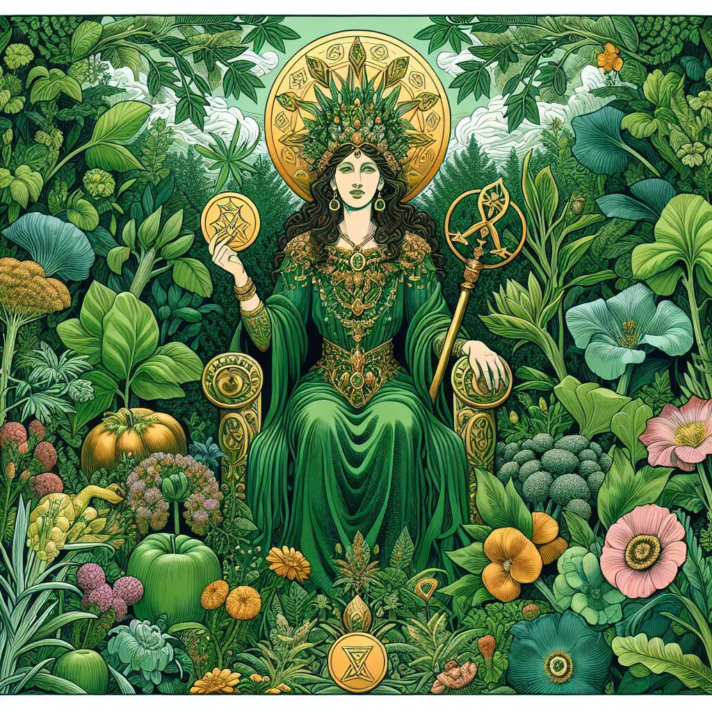 Create an image of a regal queen seated on a lush green throne surrounded by abundant, flourishing nature. The queen holds a golden coin or pentacle in her lap, symbolizing wealth and prosperity. Her attire is rich and earthy, adorned with green and gold hues. Around her, vibrant plants and flowers thrive, conveying a sense of nurturing and grounded energy. The background should be serene and harmonious, reflecting abundance and care, capturing the essence of the Queen of Pentacles in a classical tarot style.
