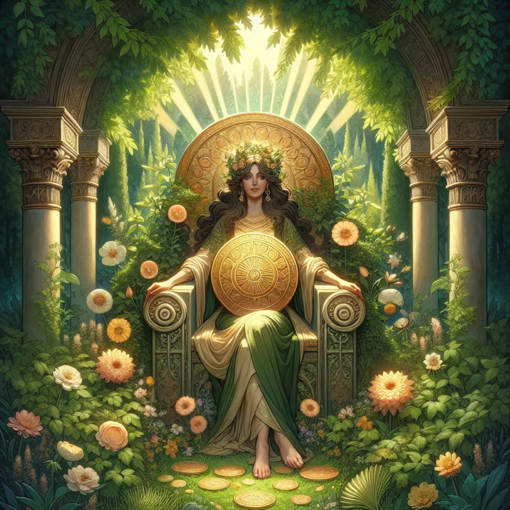 Create an image of the Queen of Pentacles in a lush, verdant garden setting. She sits gracefully on an ornate throne, holding a large golden coin in her hands. Surround her are blooming flowers and vines, symbolizing abundance and growth. Her attire is regal with earthy tones, and her expression is nurturing yet confident. Rays of sunlight filter through leaves above, casting gentle dappled shadows, highlighting her serene, grounded presence. The scene evokes a sense of prosperity, nurturing care, and balance.
