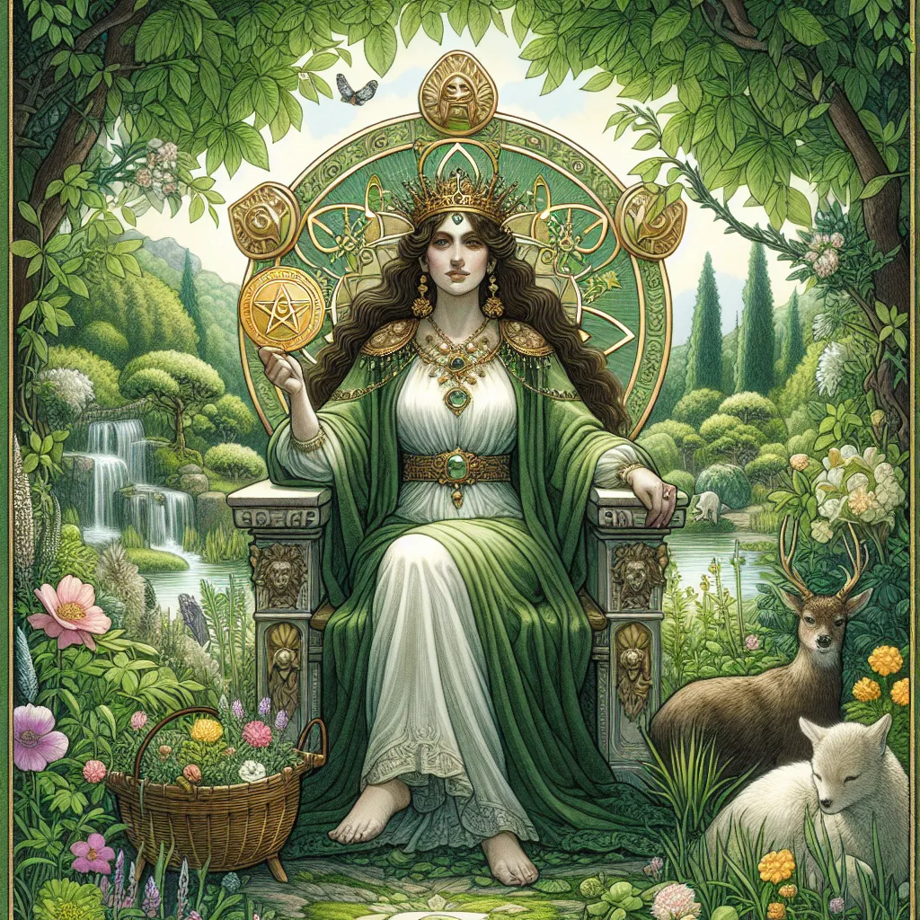 Create an image of the Queen of Pentacles, depicted as a regal, nurturing figure seated on a throne in a lush, verdant garden. She confidently holds a golden pentacle in her lap, symbolizing prosperity and wisdom. The scene includes detailed elements like flourishing plants, a gentle stream, and animals peacefully coexisting around her. Her attire is detailed and richly textured, reflecting opulence and connection to nature. The atmosphere is one of abundance and calm, capturing the essence of maternal care and grounded stability.