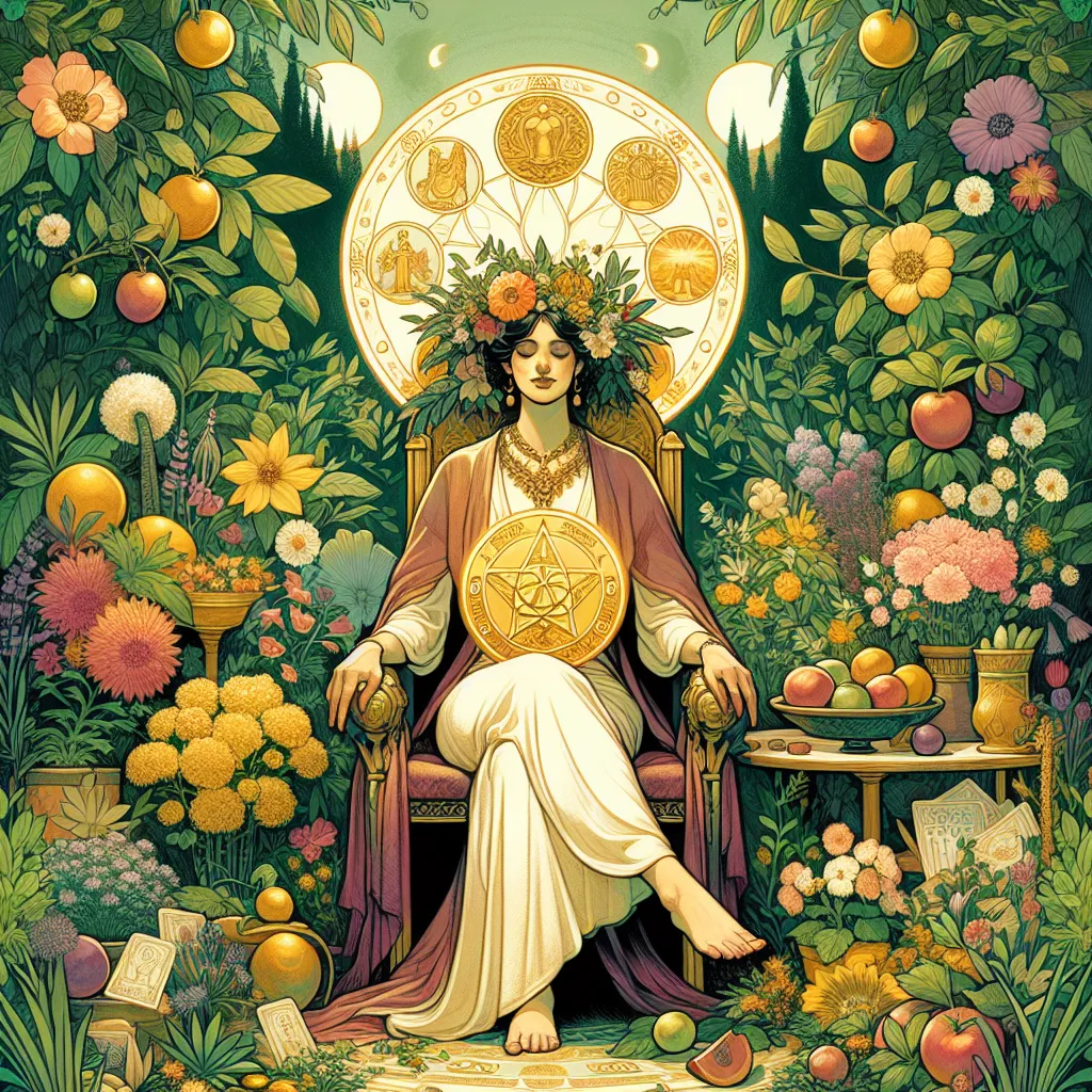 Create an illustration of the Queen of Pentacles seated on a luxurious yet modest throne in a vibrant, lush garden. She exudes an aura of warmth and nurturing as she gently holds a large golden pentacle in her lap. Surround her with an abundance of flowering plants, fruits, and symbols of prosperity. The scene should evoke a sense of practical wisdom, comfort, and earthy abundance. Use a harmonious color palette of greens, golds, and earthy tones to enhance the nurturing and abundant atmosphere.