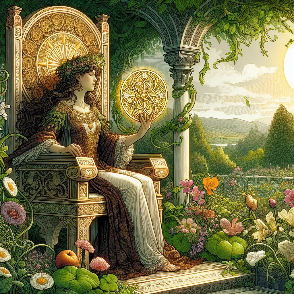 Create a detailed and serene illustration of the Queen of Pentacles from the tarot deck. She sits regally on a throne that appears to be nestled in a lush garden. The throne is adorned with intricate carvings of vines and flowers. The Queen holds a golden pentacle gently in her hands, symbolizing prosperity and care. Around her, vibrant greens, abundant foliage, and blooming flowers fill the scene, indicating fertility and nurturing energy. Her attire is elegant and earth-toned, reflecting her grounded nature. In the background, a serene and sunny landscape extends, enhancing the sense of tranquility and abundance.