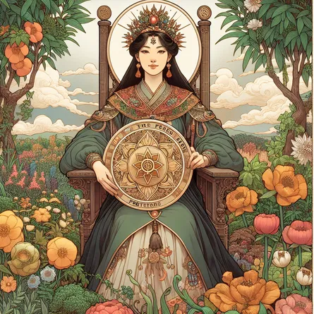 Create a detailed illustration of the tarot card Queen of Pentacles. An Asian female royal figure is shown with a nurturing presence, sitting on a throne surrounded by lush gardens. She holds a large pentacle in her lap, symbolizing prosperity and material wealth. The background is filled with vibrant flowers and fertile vegetation, symbolizing abundance and care. She is dressed in rich, earthy tones, reflecting her grounded nature. Her expression is gentle and compassionate, conveying warmth and wisdom.