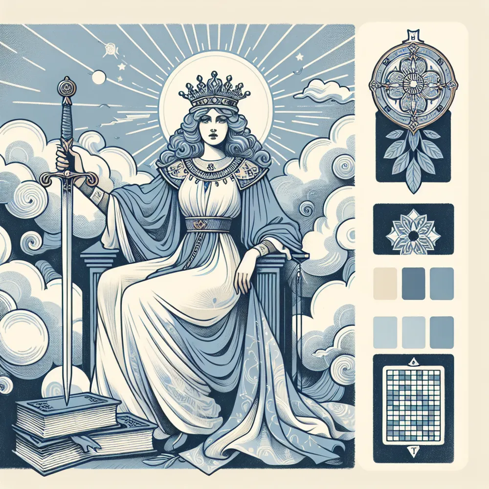 Create an illustration of the Queen of Swords from the tarot deck. She is seated on a throne, holding a sword upright in one hand with a stern yet compassionate expression. Her throne is ornately decorated, surrounded by clouds symbolizing clarity and insight. Include elements that evoke intellect and intuition, such as books and a gentle breeze that stirs her robes and hair. The color palette should evoke a sense of wisdom and serenity, with soft blues and silvers.