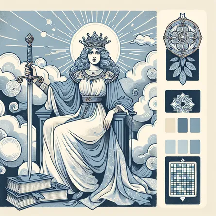 Create an illustration of the Queen of Swords from the tarot deck. She is seated on a throne, holding a sword upright in one hand with a stern yet compassionate expression. Her throne is ornately decorated, surrounded by clouds symbolizing clarity and insight. Include elements that evoke intellect and intuition, such as books and a gentle breeze that stirs her robes and hair. The color palette should evoke a sense of wisdom and serenity, with soft blues and silvers.