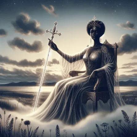 Generate an ethereal and inspiring illustration of a tarot card, specifically the Queen of Swords. This card illustrates a wise and regal black woman sitting on a throne in an open field, firmly holding a shimmering sword that pierces through the surrounding fog. Her facial expression communicates a sense of understanding and tenacity, symbolizing intellect and discernment. The backdrop showcases a calm sky, with subtle hints of dawn to signify fresh starts. Dress her in delicate, wafting robes adorned with intricate detailing to emphasize her elegance and sovereign power.