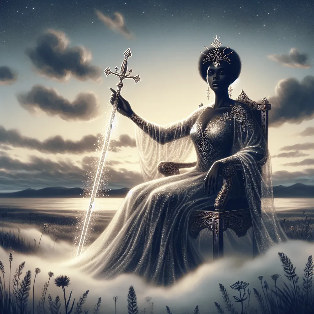 Generate an ethereal and inspiring illustration of a tarot card, specifically the Queen of Swords. This card illustrates a wise and regal black woman sitting on a throne in an open field, firmly holding a shimmering sword that pierces through the surrounding fog. Her facial expression communicates a sense of understanding and tenacity, symbolizing intellect and discernment. The backdrop showcases a calm sky, with subtle hints of dawn to signify fresh starts. Dress her in delicate, wafting robes adorned with intricate detailing to emphasize her elegance and sovereign power.