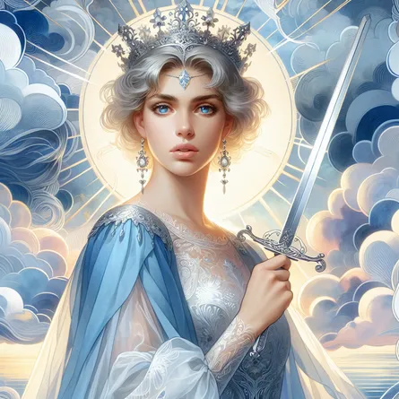 Create an artistic depiction of the Queen of Swords from classical tarot. She stands poised and regal, holding a sharp sword aloft with one hand and a delicate crown on her head. Her expression is wise and discerning, surrounded by a backdrop of soft clouds that convey clarity and intellect. Vibrant blues and silvers dominate the color palette, complemented by subtle hints of gold. The scene is infused with an aura of calm strength and focus, capturing the essence of wisdom, truth, and communication. Her eyes are piercing, offering a glimpse of the inner strength and mental acuity that define her presence.