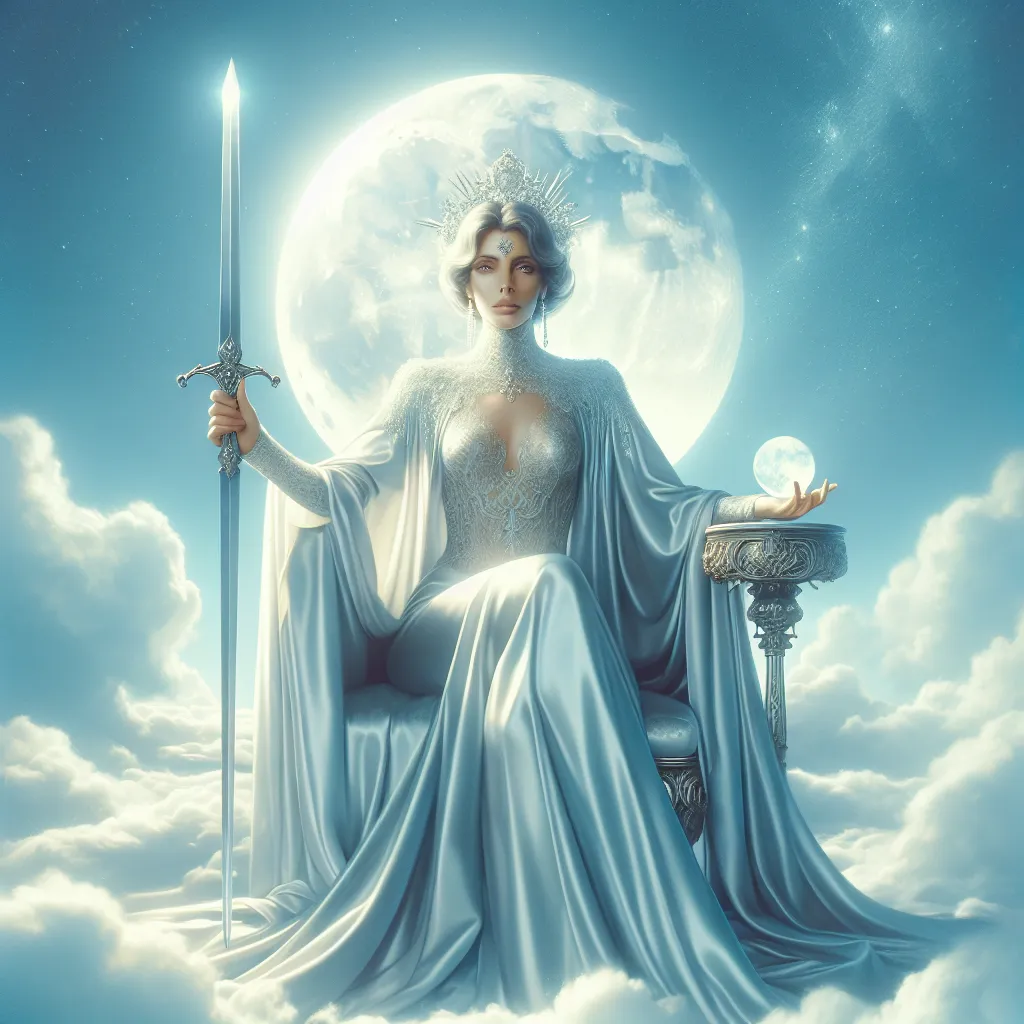 Create an ethereal and regal image of the Queen of Swords tarot card. Depict a serene and composed queen sitting gracefully on a majestic throne atop a cloud, holding a gleaming sword upright. Surround her with a clear blue sky and gentle wisps of clouds. The queen has a sharp, analytical gaze and is draped in a silver robe reminiscent of the moon's glow. The atmosphere is one of clarity, intelligence, and tranquility, capturing the essence of poised wisdom and intellectual strength.