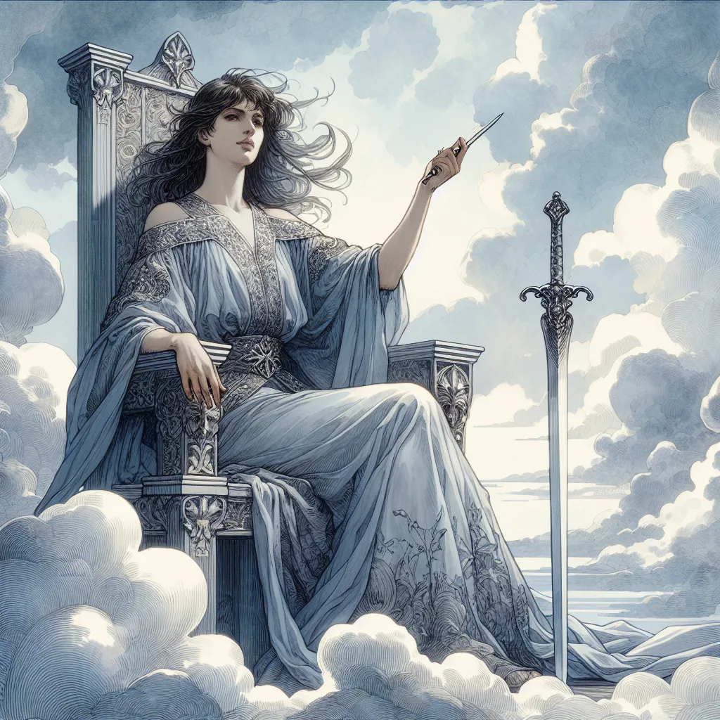 Create an image of the Queen of Swords from traditional tarot imagery. She is depicted sitting elegantly on a throne amidst a cloudy sky, holding a sharp, upraised sword in one hand. Her expression is one of keen intelligence and clarity, reflecting her astute judgment and wisdom. She is wearing flowing robes with intricate patterns, and the wind gently moves her hair. The setting should convey a sense of calm authority and rationality, with cool tones of blue and silver. Include subtle elements of nature, such as a few birds in flight, to symbolize freedom and insight.