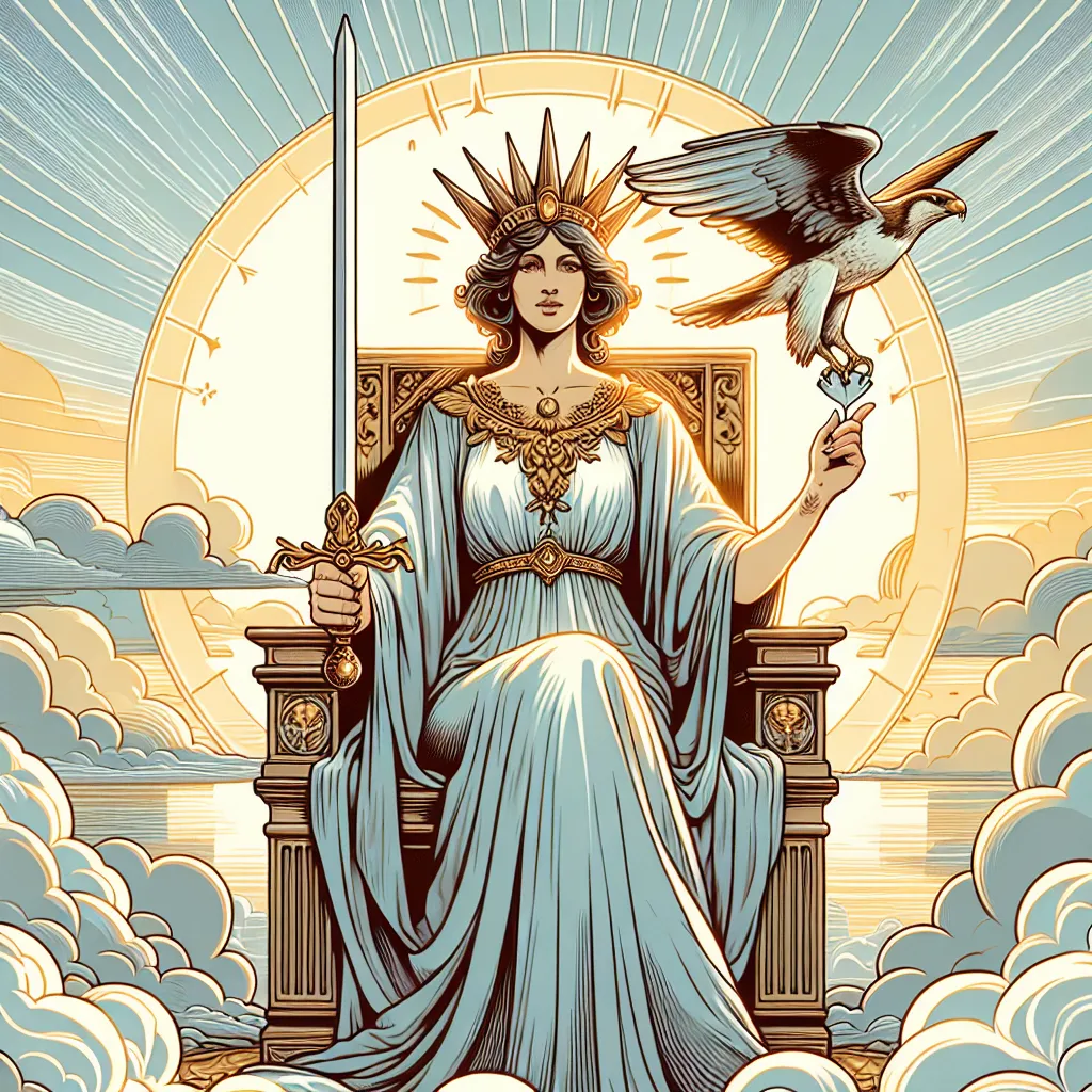 Create an illustration of the Queen of Swords from tarot, depicted as a regal and wise woman sitting on a throne high above the clouds. She is surrounded by an aura of clarity and intellectual power, holding a gleaming sword upright in one hand. Her expression is calm and discerning, with a hawk perched on her shoulder symbolizing keen insight. The background portrays a clear sky, reflecting a sense of openness and truth, with hints of dawn light breaking through. The overall mood should convey wisdom, precision, and thoughtful introspection, in a style that blends classic tarot imagery with a modern mystical touch.