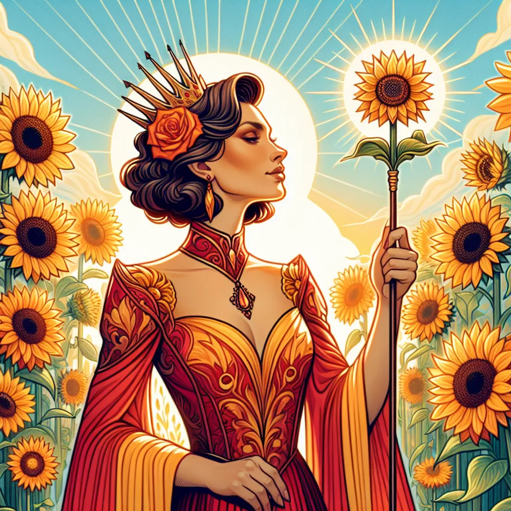 Create an illustration of a regal, confident figure, reminiscent of the Queen of Wands from a tarot card deck. She stands in a sunlit garden surrounded by vibrant sunflowers, symbolizing joy and vitality. Dressed in rich, fiery colors of red and gold, she holds a wand topped with a budding flower. Her demeanor is poised and inspiring, exuding warmth and creativity. In the background, a clear blue sky enhances the scene's uplifting energy.