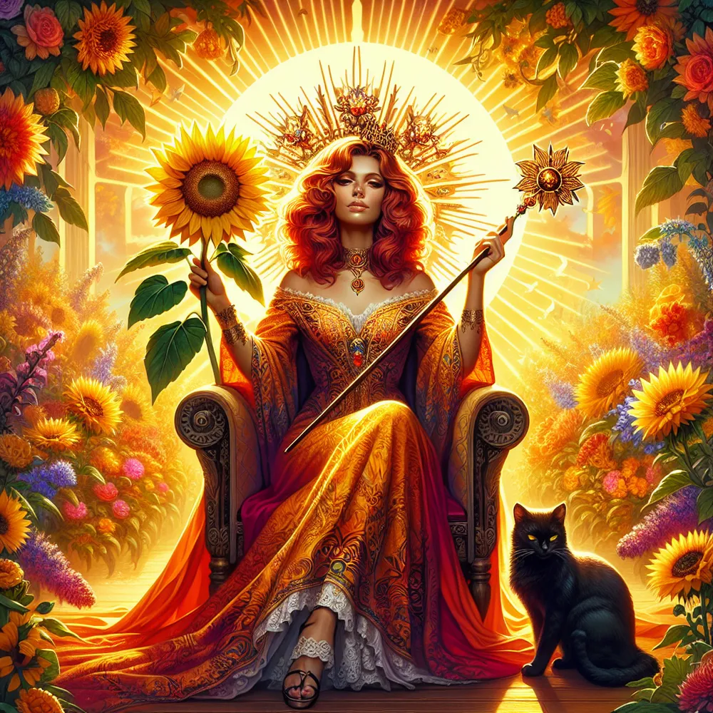 Create an image of a regal Queen of Wands seated on a throne in a vibrant, sunlit garden. She holds a sunflower in one hand, symbolizing life and optimism, and a wand in the other, indicating creative power. Her expression is one of confidence and warmth, with fiery tones and intricate patterns on her attire. A black cat sits beside her, symbolizing independence and enigmatic energy. The background is lush with blooming flowers and warm golden hues to convey a sense of vitality and passion.