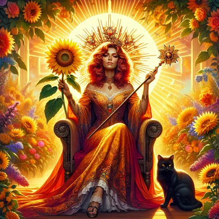 Create an image of a regal Queen of Wands seated on a throne in a vibrant, sunlit garden. She holds a sunflower in one hand, symbolizing life and optimism, and a wand in the other, indicating creative power. Her expression is one of confidence and warmth, with fiery tones and intricate patterns on her attire. A black cat sits beside her, symbolizing independence and enigmatic energy. The background is lush with blooming flowers and warm golden hues to convey a sense of vitality and passion.
