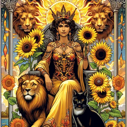 Create an artistic depiction of the Queen of Wands tarot card. Illustrate a confident and charismatic queen, who is of Middle-Eastern descent, seated on a throne adorned with lions and sunflowers. She holds a blossoming sunflower in one hand, symbolizing vitality and joy, while a mysterious black cat sits at her feet, representing intuition. The background should have a warm, radiant glow emphasizing her inner strength and bold spirit. Include rich colors, especially deep yellows, oranges, and golds, that convey her vibrant personality and dynamic energy.