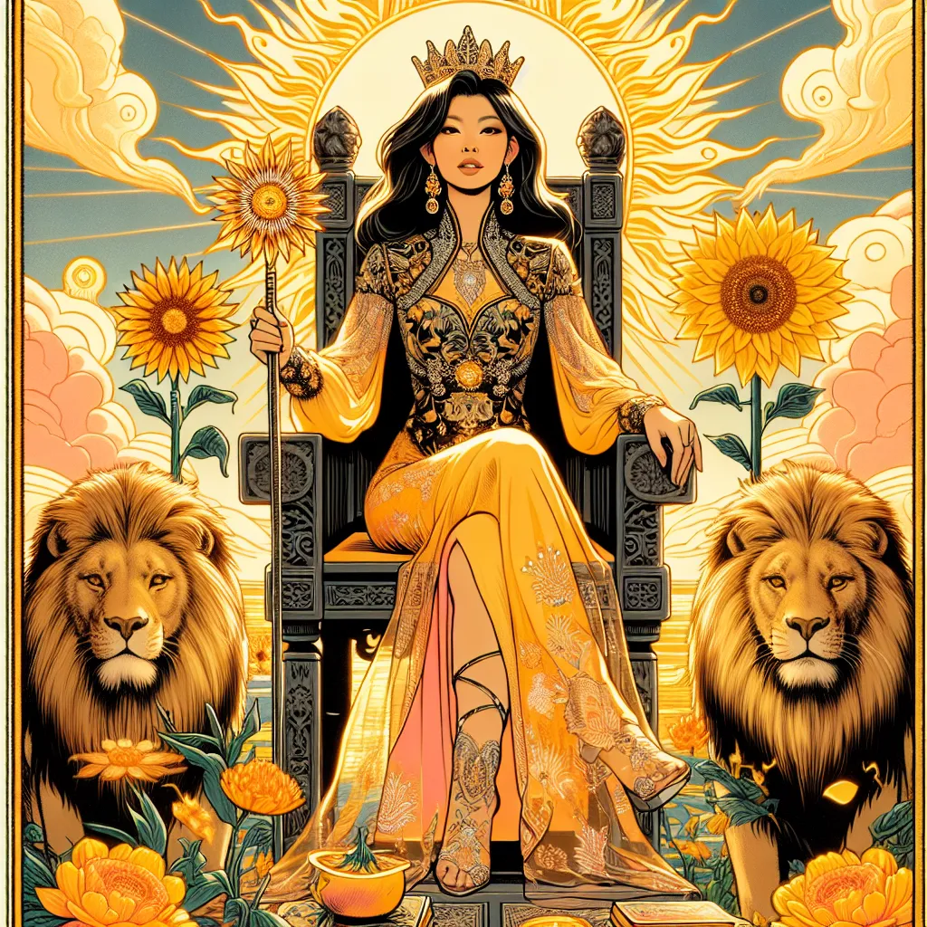 Create an image of the Queen of Wands tarot card. The image should illustrate a confident and charismatic Asian woman seated on a throne, her aura radiating enthusiasm and warmth. In one hand, she clasps a wand, whereas, in the other, she holds a vibrant sunflower. The scene should be suffused with bright orange and yellow hues that symbolize life and creativity. Abound her throne, there are lions symbolizing courage and raw power. The backdrop displays a sunlit landscape which serves as a testament to leadership and passion.