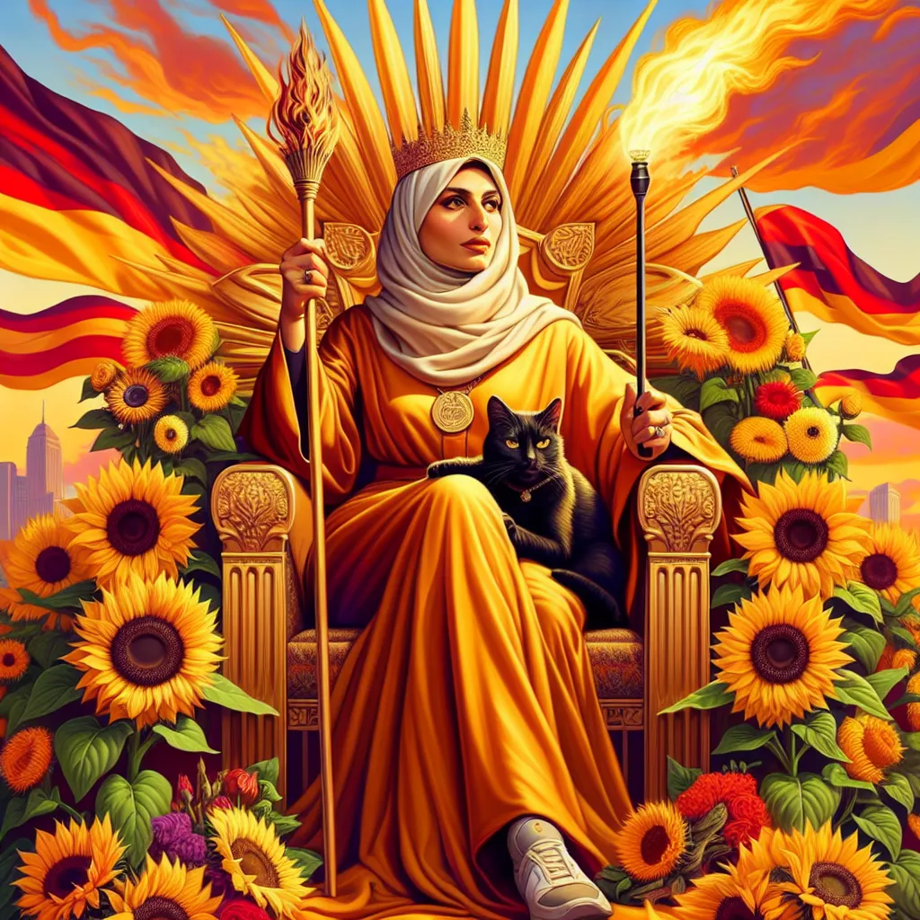 Create an image of a public figure seated confidently on a golden throne, surrounded by lush sunflowers and flaming torches. This Middle-Eastern woman's expression emanates determination and grace. She's draped in a royal robe of orange and gold hues, symbolizing warmth and vibrant energy. In one hand, she holds a tall wand, from which sprout small flames, as if channeling her creative energy. A black cat is nestled at her feet, symbolizing her intuitive nature and independence. The backdrop is a dynamic sunset, with vibrant red, orange, and yellow tones highlighting the passionate atmosphere.