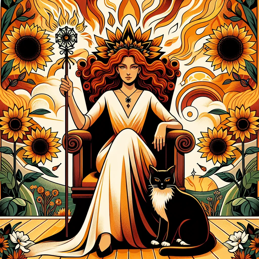 Illustration of the Queen of Wands, a commanding and charismatic woman with flowing auburn hair, seated confidently on a throne decorated with sunflower motifs. She holds a wand with budding leaves in one hand and is accompanied by a mysterious black cat at her feet. The background features a vibrant landscape with elements of both fire and earth, symbolizing passion and groundedness. The atmosphere is warm, exuding energy and intuitive strength.