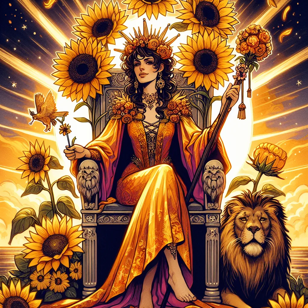 A regal woman embodying the Queen of Wands from the tarot deck, sitting confidently on a throne adorned with sunflowers and lions. She holds a wand with delicate blooms at its tip, symbolizing creativity and growth. Her vibrant robes are infused with golden hues, reflecting the energy and warmth of fire. A black cat sits at her feet, symbolizing intuition and independence. The background features a warm, glowing sunset, enhancing the scene with an aura of passion and inspiration.