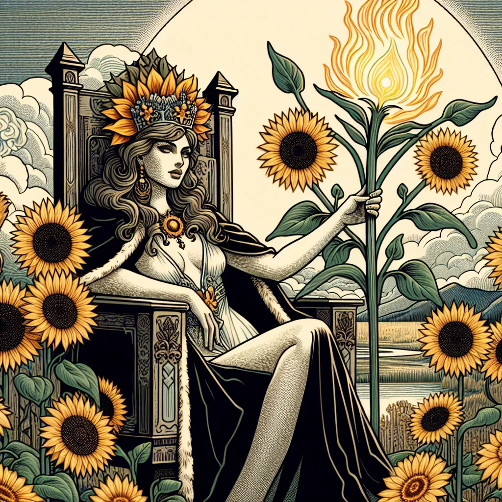 Create an illustration of the Queen of Wands from the tarot, seated confidently on her throne. Surround her with vibrant sunflowers symbolizing warmth and creativity. She holds a blossoming wand, representing growth and fire within. Her steadfast gaze exudes courage and determination. In the background, include a serene landscape hinting at distant horizons, signifying opportunities and potential, blending classic tarot imagery with a touch of mysticism and stoic strength.