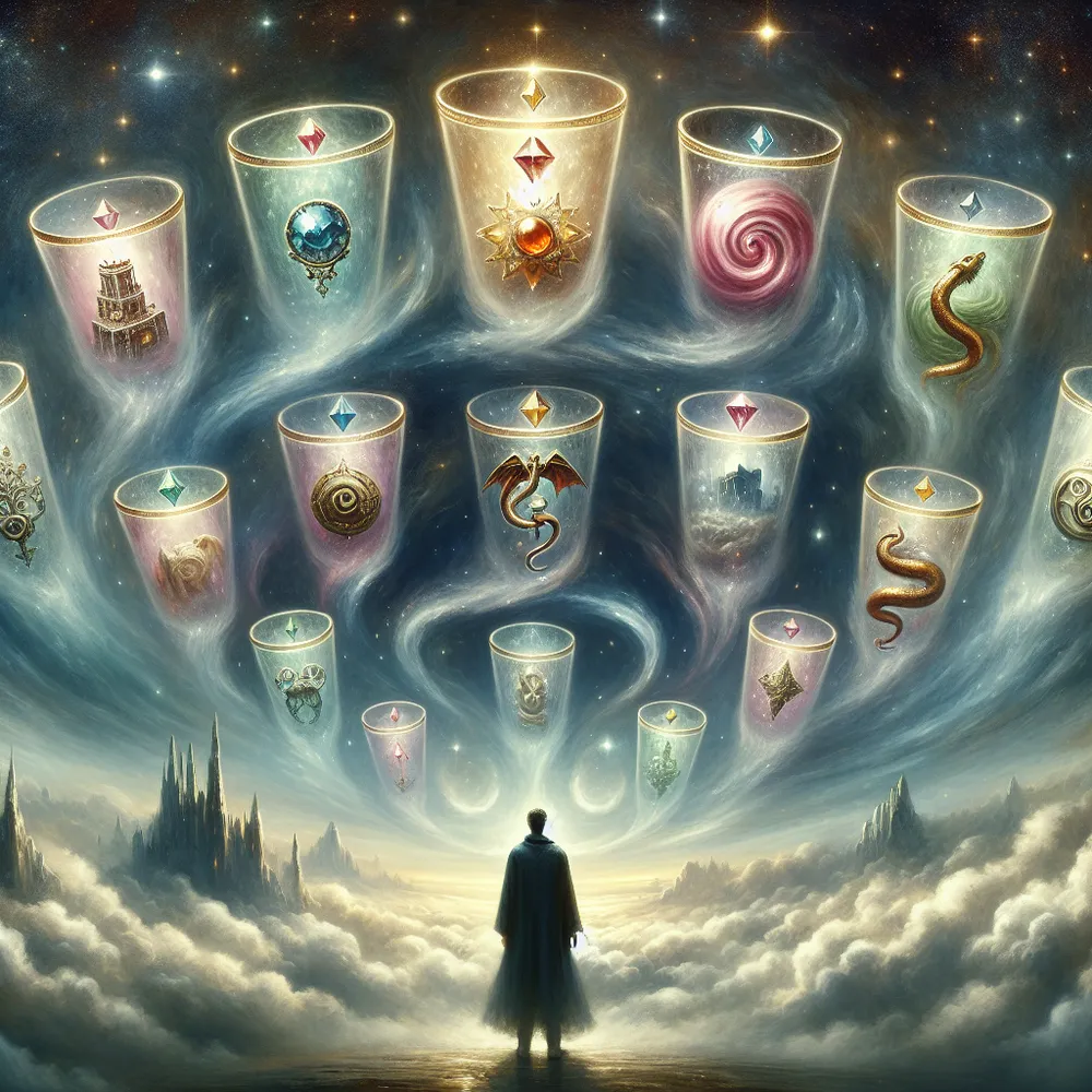 A mystical, ethereal scene depicting a figure standing before a swirling array of seven shimmering cups, each holding a different illusionary image such as a jewel, a serpent, a castle, and a dragon. The background is a dreamy landscape of fog and stars, capturing the enchantment and mystery associated with choices and illusions in tarot. The figure is contemplative, embodying a balance of curiosity and caution, reflecting the introspective nature of decision-making.