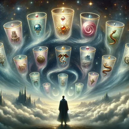 A mystical, ethereal scene depicting a figure standing before a swirling array of seven shimmering cups, each holding a different illusionary image such as a jewel, a serpent, a castle, and a dragon. The background is a dreamy landscape of fog and stars, capturing the enchantment and mystery associated with choices and illusions in tarot. The figure is contemplative, embodying a balance of curiosity and caution, reflecting the introspective nature of decision-making.