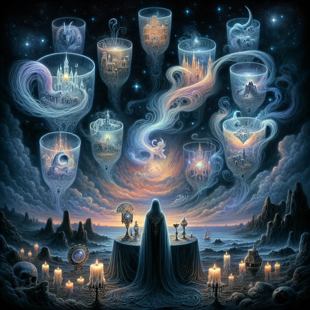 An intricate tarot card scene depicting the Seven of Cups: a mystical figure stands before a table with seven ethereal cups, each glowing with different dreams and illusions, such as a castle, a jewel, a serpent, and a shrouded figure. The background is an otherworldly landscape bathed in twilight, with mist swirling beneath a starry sky. The image conveys a sense of choice, fantasy, and introspection, inviting viewers to discern reality from illusion.